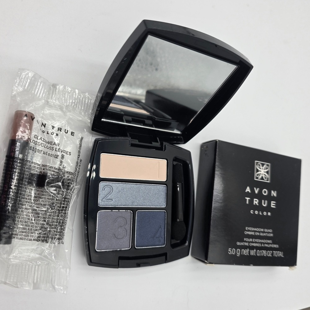 Avon True Color Eyeshadow Quad Steel Blues & Glazewear Lip Gloss Creamy Nude NEW